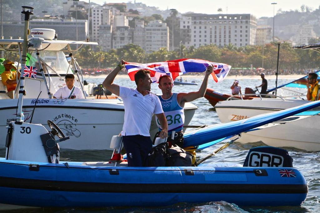 Day 7 - RS:X Mens August 14, 2016. Medal race. Nick Dempsey (GBR) and coach  © Richard Gladwell www.photosport.co.nz